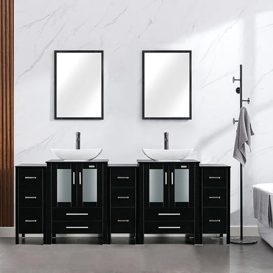 eclife 84" Modern Bathroom Vanity Sink Combo Freestanding Cabinet with Small Side Cabinet, White Curved Ceramic Vessel Sink, Water Save Faucet, Drain (Black+T32)