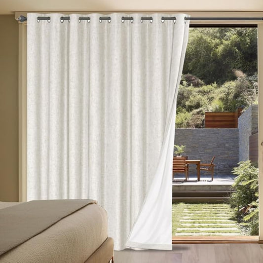 H.VERSAILTEX Linen Blackout Curtains Durable Thick Textured Linen Look 100% Blackout Patio Door Curtain, Anti Rust Grommet Extra Wide Sliding Glass Door Curtains, W100 x L84 inch- Ivory