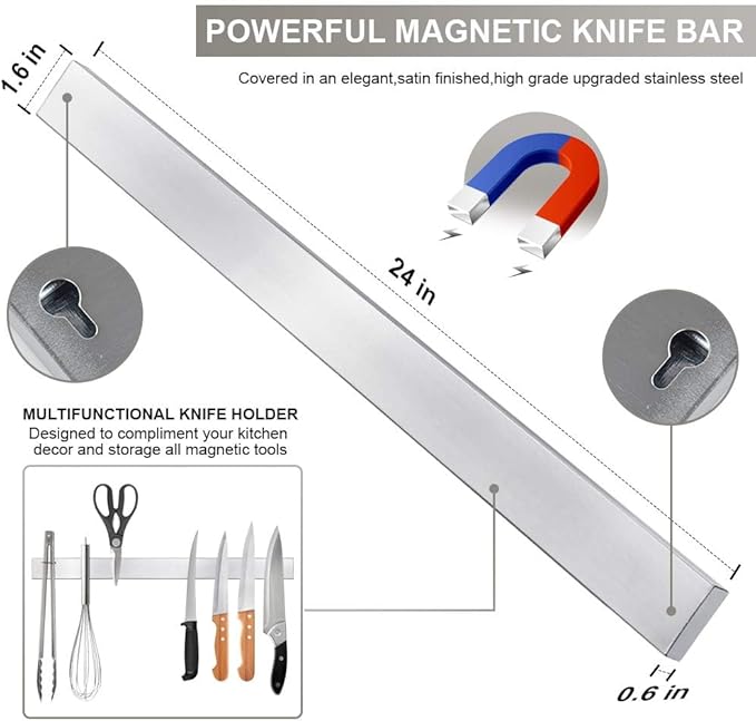 24 Inch Magnetic Knife Strip, Premium Stainless Steel Wall Mounted Kitchen Knives Bar,Space-Saving Powerful No Drilling Magnetic Knife Rack for Home Kitchen Utensil Holder & Tool Holder