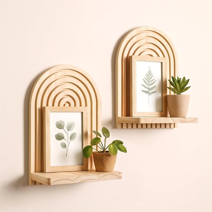 2 Pack Boho Wood Wall Hanging Shelf - Handmade Rainbow Arch Floating Shelves Trinket Storage Rack Modern Wall Decor for Bedroom Living Room Nursery Bathroom