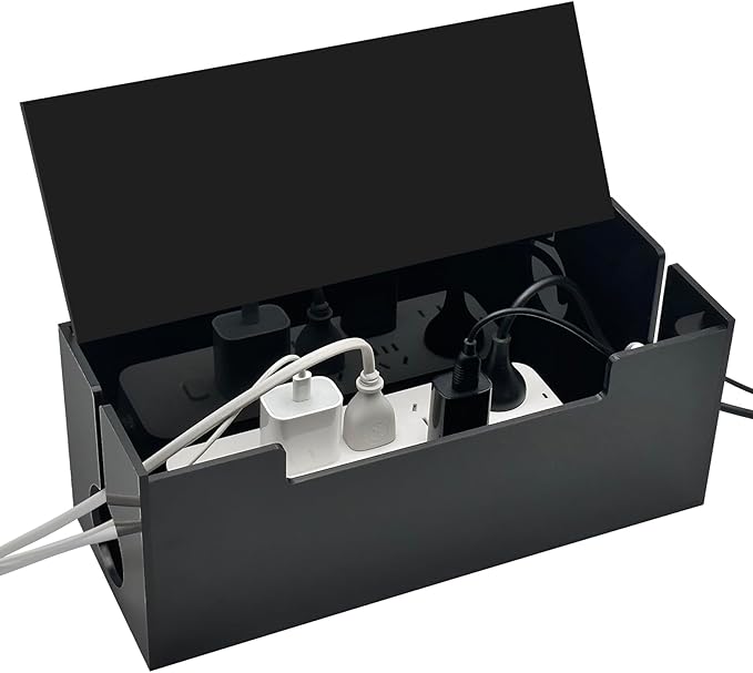 Cable Cord Organizer Box, 2 Open Slots Cords Hider Box, Under Desk Power Strip Organizer and Floor Cables Storage, Black