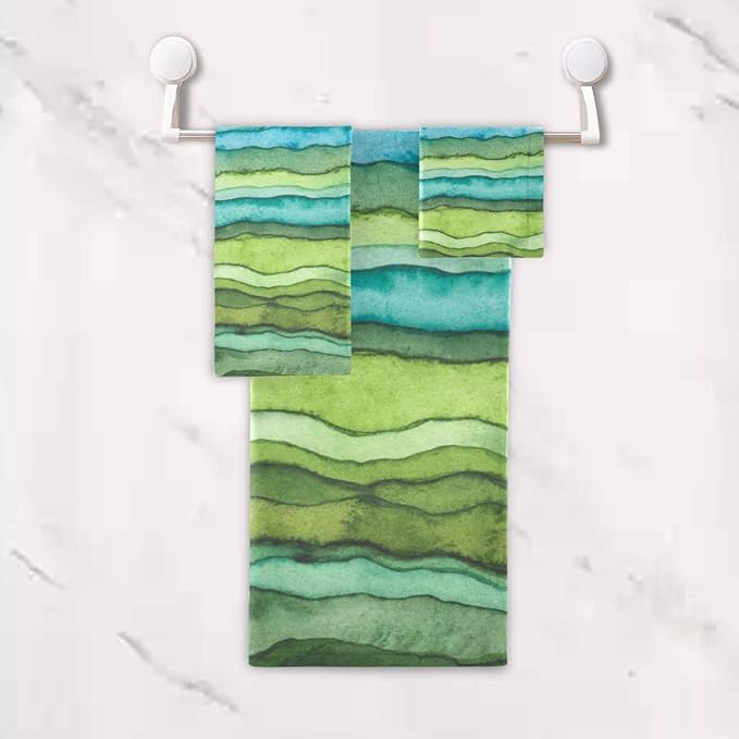 Teal Blue Green Bath Towel Set - 3 Piece Soft Absorbent Watercolor Sea Wave Striped (1 Bath, 1 Hand, 1 Washcloth) - Decorative for Bathroom, Shower, Hair, Face