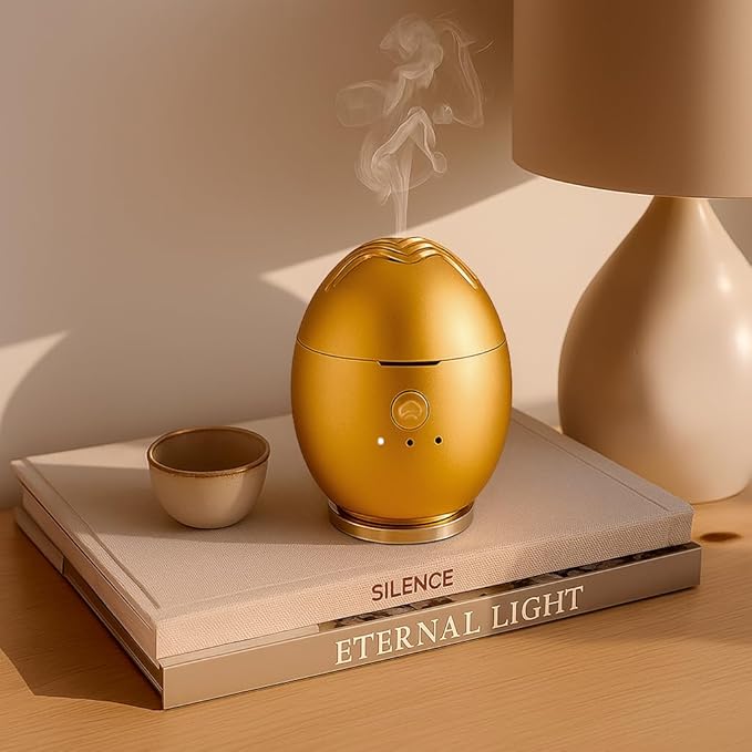 Orbby Scent Diffuser Starter Kit | Portable Small Desk Diffuser for Office: Electric Incense Device, Cordless Pet Safe Air Freshener for Home – Flameless (Gold with 1g Agarwood Pellets)