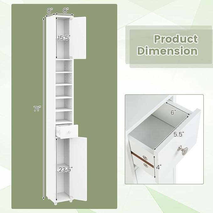 GOFLAME 71” Tall Bathroom Storage Cabinet, Narrow Freestanding Organizer with 1 Drawer, 2 Doors & 5 Open Shelves, Slim Bathroom Cabinet for Small Space, 8" x 8" x 71", White