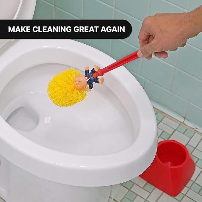 Fairly Odd Novelties Donald Trump Toilet Bowl Brush W/Holder - Makes Perfect White Elephant Novelty Gag Political Gift Make Toilets Clean Again, Red, (FON-10344)