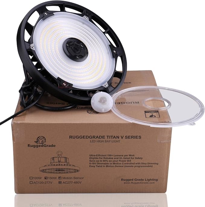 RuggedGrade 150W - Titan V Series LED High Bay UFO Light with Motion Sensor - 20,500 Lumens - High Voltage 277-480V - 5000K Bright White - Outdoor LED Light - DLC 5.1 Premium