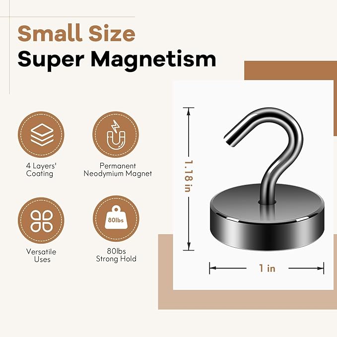 Neosmuk Magnetic Hooks, Cruise Ship Essentials, 8lb+ Heavy Duty Magnetic Hooks for Cruise Cabins, Refrigerator, Grill, Hanging, and Travel | Extra Strong Must-Haves Magnet Hook,Gunmetal, 4 Pack