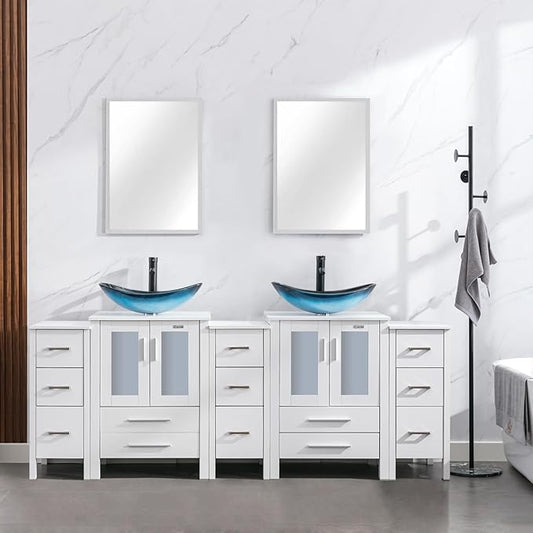 eclife 84" Modern Bathroom Vanity Sink Combo Freestanding Cabinet with Small Side Cabinet, Blue Boat Glass Vessel Sink, Water Save Faucet, Drain (White+A29BU)