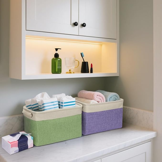 BALEINE 3 Pack Fabric Closet Storage Bins for Shelves, Linen Closet Organizers and Storage, Decorative Baskets for Organizing, Shelf, Clothes, Home, Office (Lavender, 12"x8"x8")