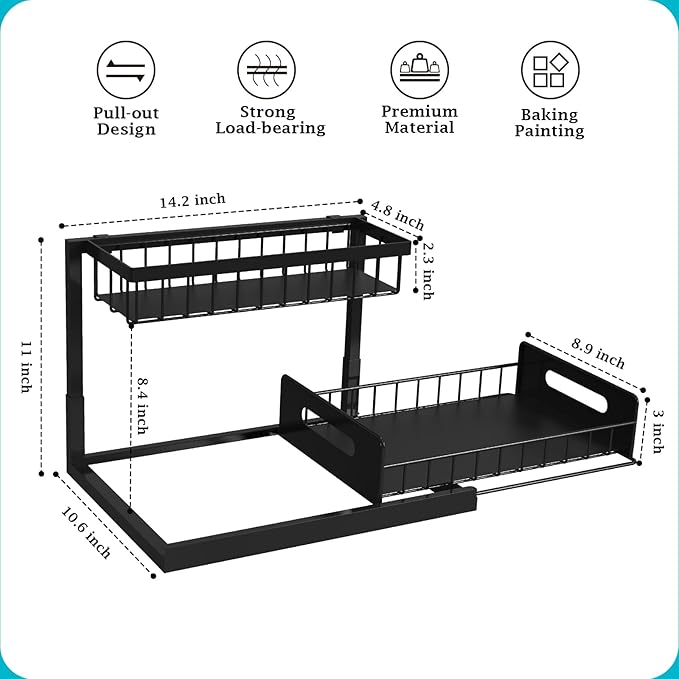 Pull Out Under Sink Organizer, Slide Out Sink Shelf Cabinet Storage for Kitchen Bathroom, Black, 2 Pack