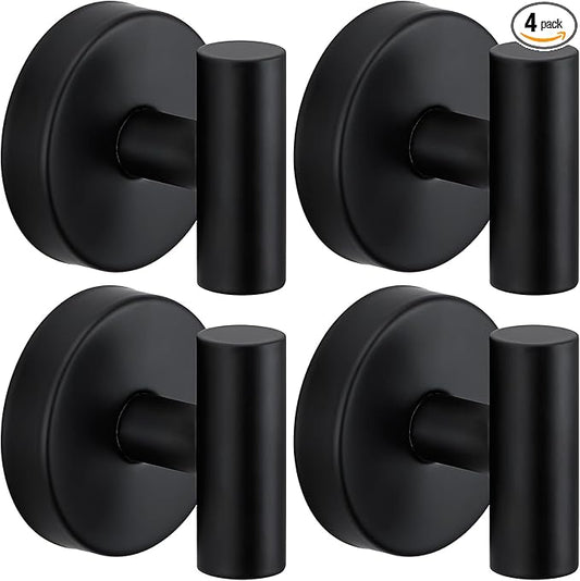 Suction Cup Hooks for Shower - Bathroom Reusable Hooks for Towels, Robes & Loofah - No-Drill Mounting on Kitchen, Walls, Metal, Glass, Mirrors, Tile & Smooth Non-Porous Surfaces Matte Black 4 Pack