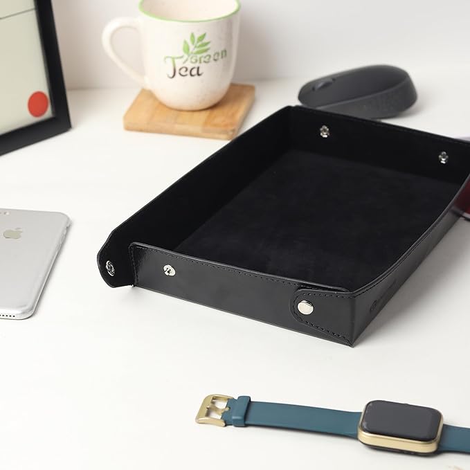 Valet Vegan Leather Tray Desk Tray Organiser Mobile Organiser Organiser for Office, Home, Living Room Button Opening Water Resistent-Black