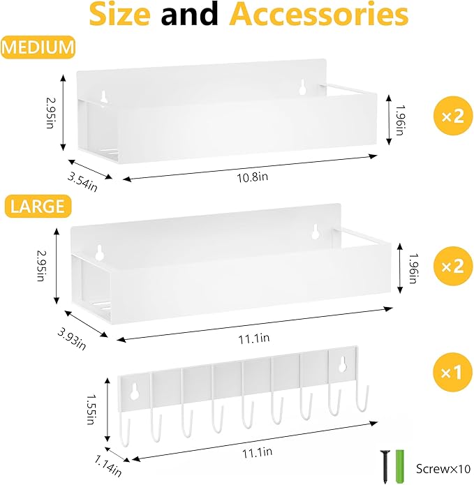 Magnetic Spice Rack for Refrigerator, 4 Pack Magnetic Shelf with 1 Hook Magnet Spice Storage Rack Seasoning Organizer with Screw for Oven Fridge(White, 4Rack&1Hook)