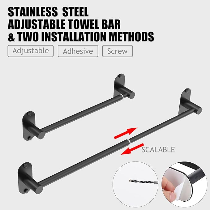 Towel Bar, Adjustable 14.4inch - 25.2inch Towel Rack, Self Adhesive & Wall Mounted for Bathroom Kitchen Hand Towel Holder Cloths Hanger SUS 304 Stainless Steel Organizer Single Bar (4, Matte Black)
