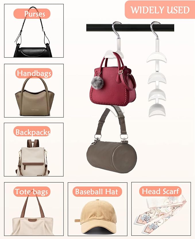 Purse Hanger for Closet, Rotating Purse Organizer for Closet White Purse Holder Purse Hooks for Organizer Storage Purses Tote Bag Handbags Scarf Belt