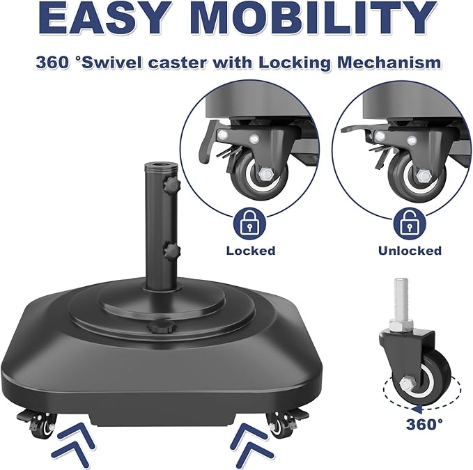 Patio Umbrella Base with 5 Wheels, Umbrella Stand Heavy Duty 130lb Fillable Umbrella Holder Mobile Square Market Stand for Outdoor, Deck, Poolside, Lawn, Fits Muti Sized Umbrellas (21in)