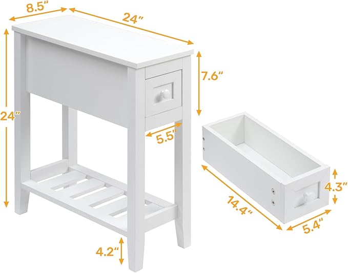 Narrow Side Table with Storage Drawer - White Slim Nightstand for Small Spaces