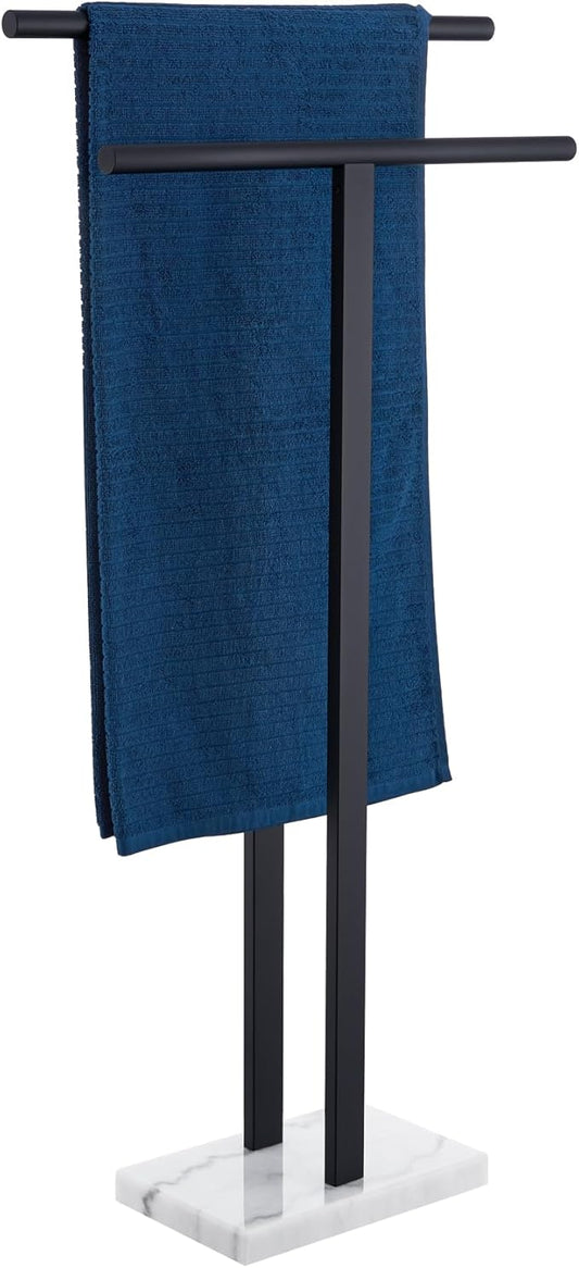 KOKOSIRI Free Standing Towel Racks Matte Black 2-Tier Towel Holder for Bathroom Floor Stand with Heavy Marble Base Thicken Steady Design Stainless Steel THS0005-BK
