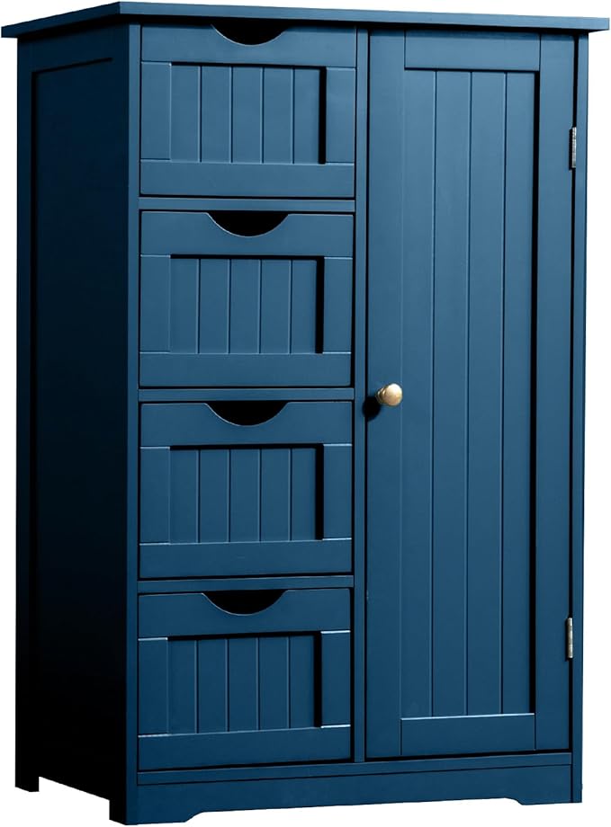 Karl home Freestanding Bathroom Floor Cabinet, Narrow Slim Skinny Storage Unit with 4 Drawers & 1 Cupboard, Towel Organizer for Bathroom, Compact Bath Storage, Navy Blue