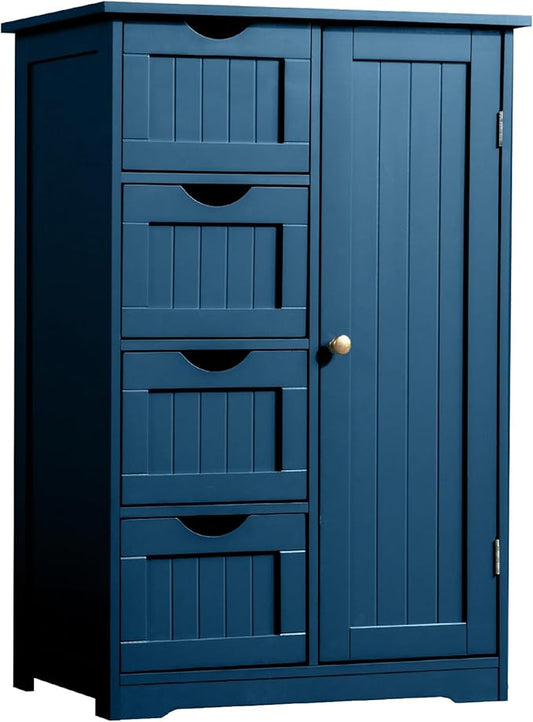 Karl home Freestanding Bathroom Floor Cabinet, Narrow Slim Skinny Storage Unit with 4 Drawers & 1 Cupboard, Towel Organizer for Bathroom, Compact Bath Storage, Navy Blue