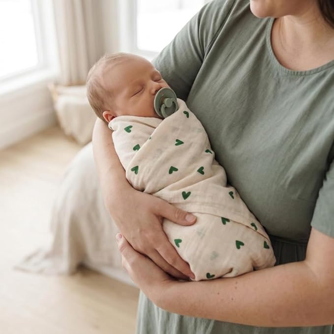Baby Swaddle – Organic Cotton Muslin Baby Swaddles for Newborns 47” x 47” (Green Hearts)