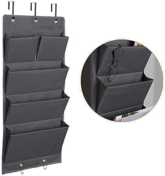 5 Pockets Over the Door Organizer and Storage Hanging with Hooks, Wall Mount Office Supplies File Folders Document Holder for Notebooks, Paper,Supplies, Closets, Families, Filing (Gray)