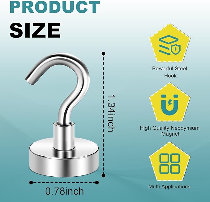 E BAVITE Heavy Duty Magnetic Hooks,50 LBS Strong Neodymium Magnet Hook for Home, Kitchen, Workplace, Office and Garage, 20mm(0.78inch) in Diameter - Pack of 8