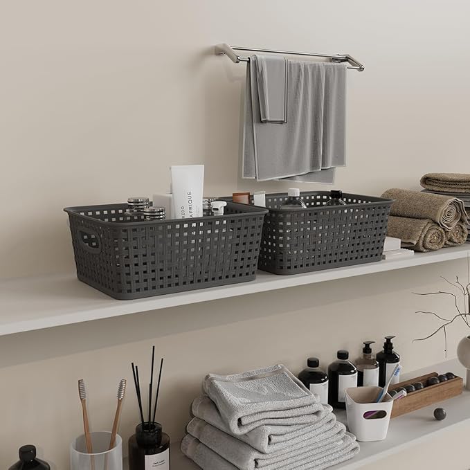 9-Pack Plastic Woven Storage Baskets Set -Grey Organizer Bins for Shelves, Kitchen Pantry, Bathroom, Office | 10.1"L x 7.55"W x 4.1"H | Multi-Purpose Shelf Basket Organizers