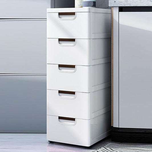 Plastic Drawers Dresser Storage Cabinet with Wheels,5 Drawer Stackable Vertical Clothes Storage Tower,Organizer Unit for Bathroom Entryway Bedroom Living Room,White