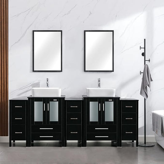 eclife 84" Modern Bathroom Vanity Sink Combo Freestanding Cabinet with Small Side Cabinet, White Rectangle Ceramic Vessel Sink, Water Save Faucet, Drain (Black+T03)