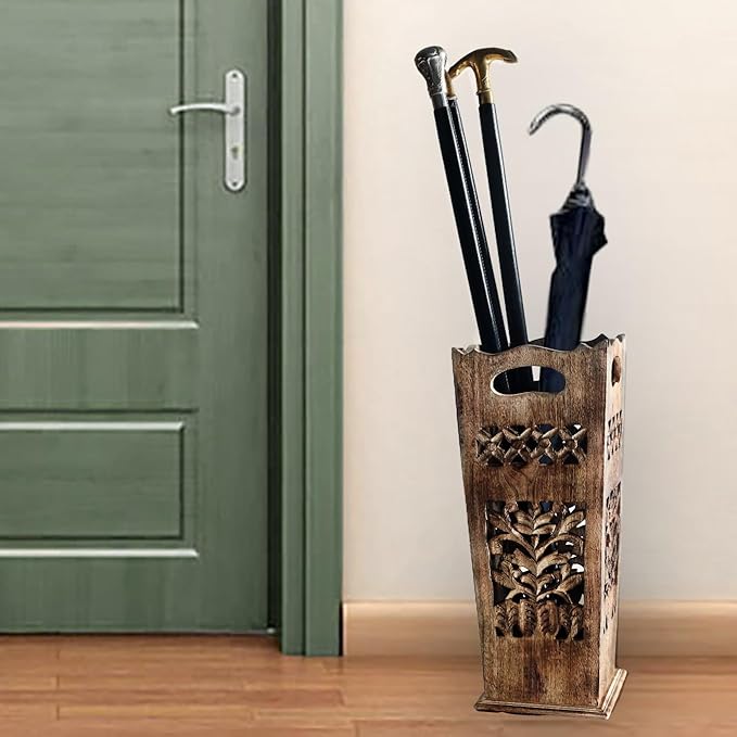 Hand-Carved Wooden Umbrella Stand & Walking Cane Holder | 21 Inch Tall Decorative Umbrella Rack for Entryway, Home & Office | Rustic Floor Storage Organizer