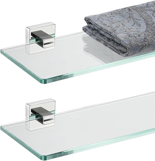 JQK Bathroom Glass Shelf, Floating Tempered Glass Shower Storage 16 by 5 inches, 304 Stainless Steel Polished Chrome Wall Mount 2 Pack, TGS201L16-CH-P2