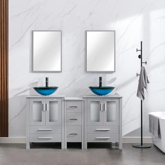 eclife 60" Modern Bathroom Vanity Sink Combo Freestanding Cabinet with Small Side Cabinet, Turquoise Square Glass Vessel Sink, Water Save Faucet, Drain (Gray+A10)