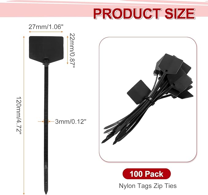 MECCANIXITY 100Pcs 4.7 Inch Waterproof Shipping Tags 0.12" Nylon Writable Hanging Tags Self Locking Labels Zip Tie Wraps for Indoor and Outdoor, Black