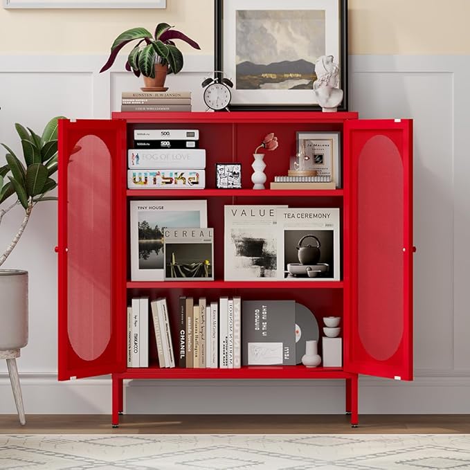 Red Metal Locker Storage Accent Cabinets with 2 Adjustable Shelves, 3 Tier Metal Storage Cabinet with Legs, Steel Cupboard Lockers for Kids Bedroom, Home, Office, Entryway, Kitchen (Mash Door)