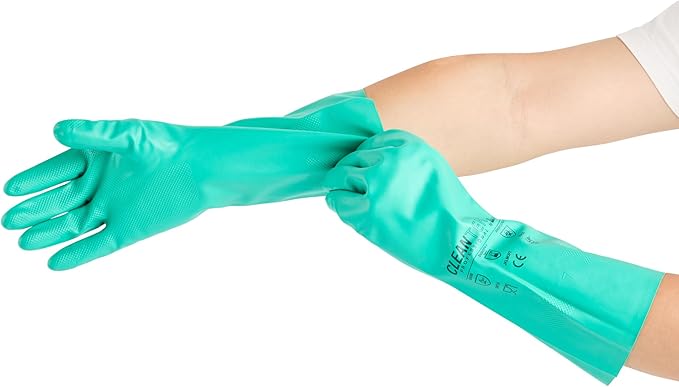 Green Cleaning Gloves 10 Pairs 15 Mil Thick Medium Heavy-Duty Nitrile Gloves With Long Cuff No-Latex Flock Lining For Use In Hospitals, Laboratories, Kitchens and Households