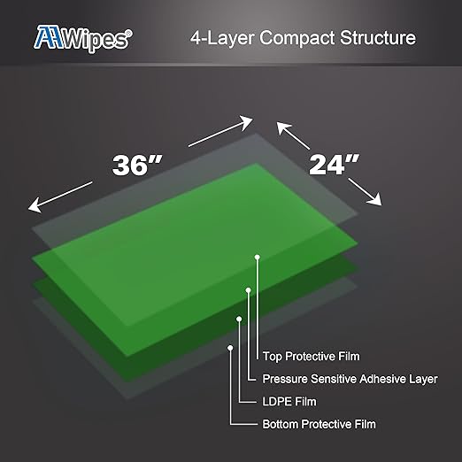 AAwipes Sticky Mat Tacky Pads Adhesive 24" x 36" 5 Packs, 30 Sheets/Packs, 150 Sheets Total Green Cleanroom Floor Mats Remove Dirt for Laboratory Construction Hospital Shoes