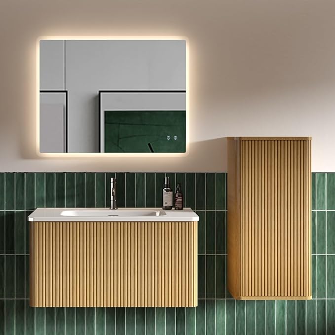 Striped Floating Bathroom Side Cabinet Wall-Mounted Storage for Small Spaces Pre-Assembled with Safe Curvy Design Push-Open Door (Natural Oak, Side Cabinet)