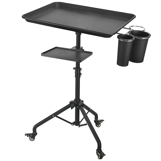Salon Tray Cart on Wheels, Aluminum Tattoo Tray with Storage Platform, Adjustable Height Service Rolling Tray, Storage Tray Accessory for Salon Spa Dental Use, Rolling Tray Cart