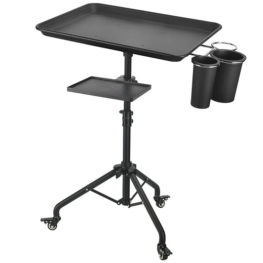Salon Tray Cart on Wheels, Aluminum Tattoo Tray with Storage Platform, Adjustable Height Service Rolling Tray, Storage Tray Accessory for Salon Spa Dental Use, Rolling Tray Cart