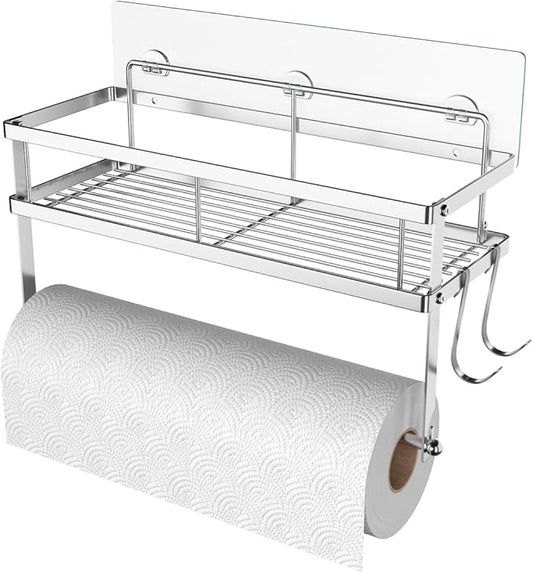 ESOW Paper Towel Holder with Shelf Storage, Adhesive Wall Mount 2-in-1 Basket Organizer for Kitchen & Bathroom, Durable Metal Wire Design, Stainless Steel 304 Brushed Nickel Finish