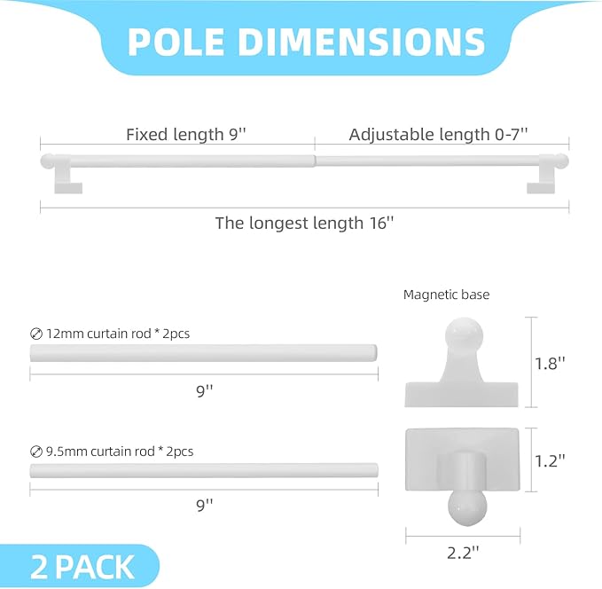 WL.Rocaille Magnetic Curtain Rods for Metal Doors, Windows, Refrigerator 9 to 16 Inch/2 Pack/Easy Installation French Door Curtains Bar, Multi-Useful (White, 2pack)