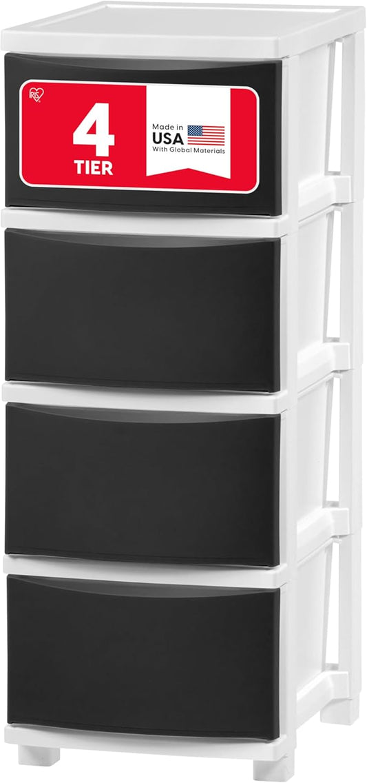IRIS USA Plastic Drawer Storage Organizer, 4-Drawers, for Classroom Art Supplies Bathroom Dorm Bedroom Laundry Room, Slim Narrow, White Frame with Matte Black Front Panels