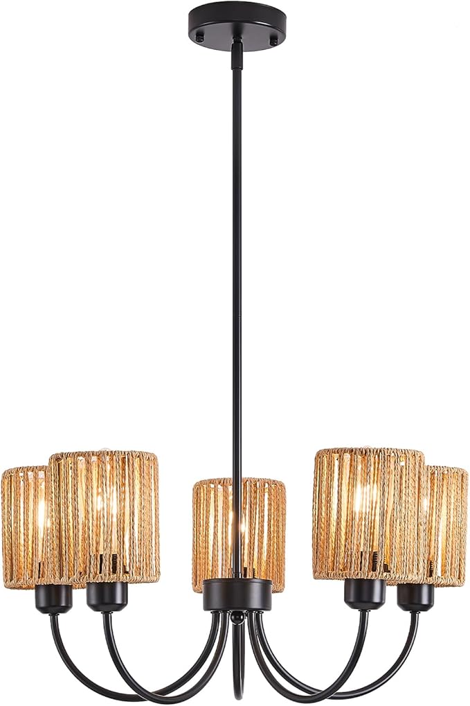22” Black Farmhouse Chandelier - 5 Light Rattan Pendant Light for Kitchen Island & Dining Room - Adjustable Height E26