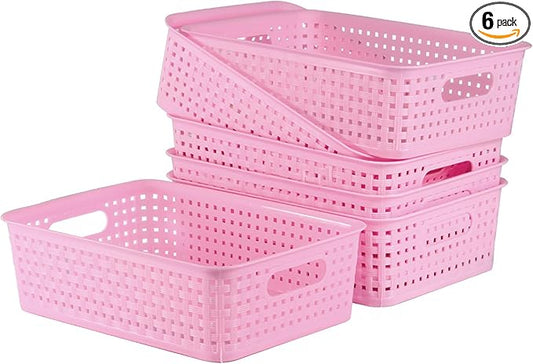 6-Pack Plastic Small Shelf Storage Weave Baskets, Multi-Purpose Pink Open Containers for Shelving Pantry Cabinet Small Stackable Storage Bins for Organizing