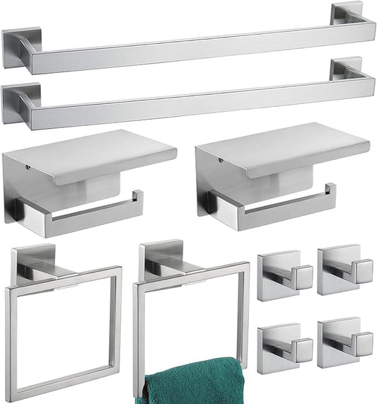 Bathroom Hardware Set 10 Piece Brushed Nickel Bathroom Accessories Set SUS304 Towel Bar Set Includes 2 Towel Bar 24 Inch+2 Towel Holder+2 Toilet Paper Holder+4 Towel Hooks (10, Brushed Nickel)
