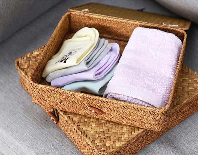 DOKOT Flat Seagrass Storage Bins with Lid, Wicker Basket for Shelf Organize, Set of 2 (Small+Large)