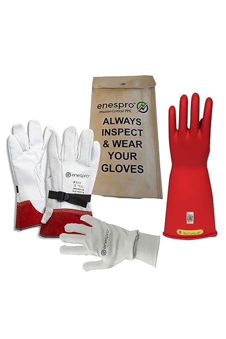 Enespro Class 2 Red Rubber Voltage Insulating Glove Premium Kit with FR Knit Glove and Leather Protectors, Max. Use Voltage 17,000V AC/ 25,500V DC, KITGC2R08AG