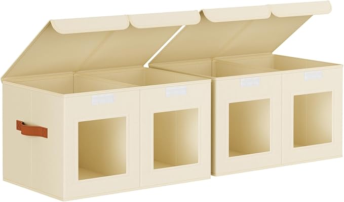 Large Closet Storage Bins - Collapsible Divided Clothes Organizer with Lids & Dual Window, Fabric Organizing Bins for Clothes, Sweater, Bedroom, Office (Beige, 2 Pack)