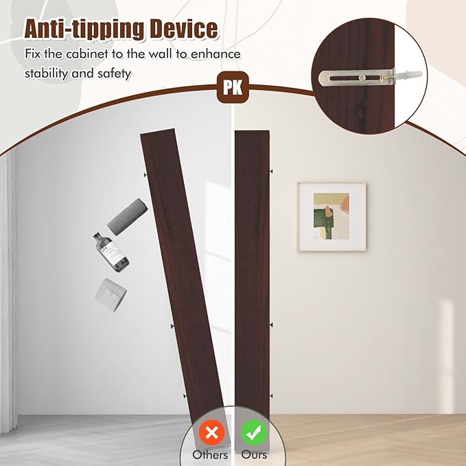 Giantex Slim Bathroom Storage Cabinet - Tall Narrow Floor Cabinet Cupboard with 2 Doors, 5 Adjustable Shelves, Drawer, Anti-Tipping Device, Thin Linen Tower Cabinet for Living Room, Reddish Brown